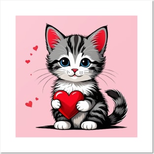 Cute cat with red heart  in valentine Posters and Art